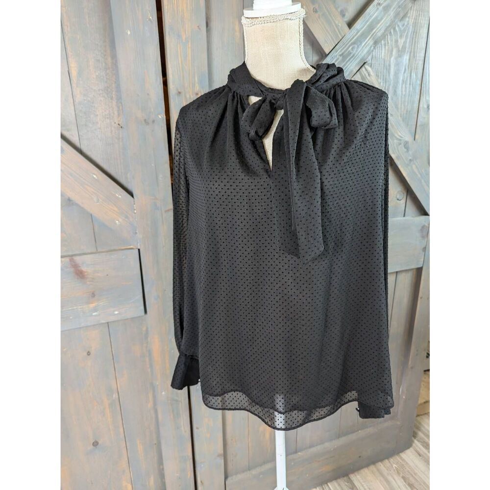 H&M Blouse Top Women's 8 Long Sleeve Black B Neck Polka Dot Lined with Neck Tie